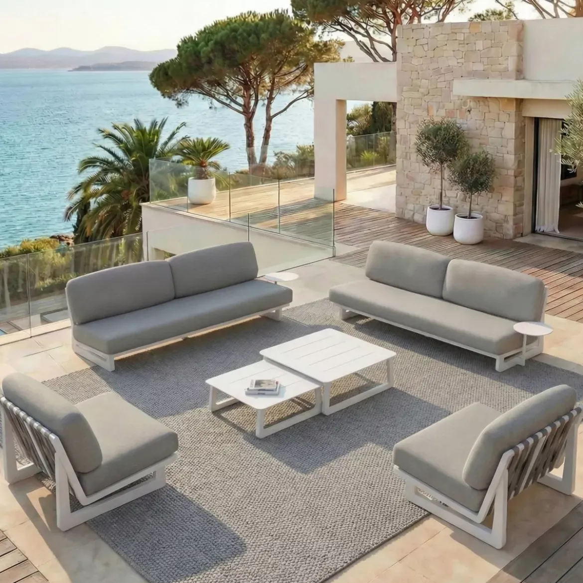 Set da giardino in alluminio 8 posti 6 pezzi Long Beach Bianco cenere e tortora