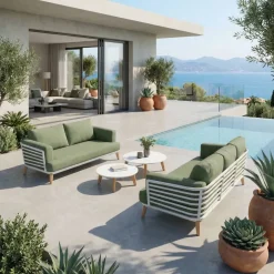 Set da giardino in alluminio 5 posti 4 pezzi Monte Carlo Bianco e verde rosmarino