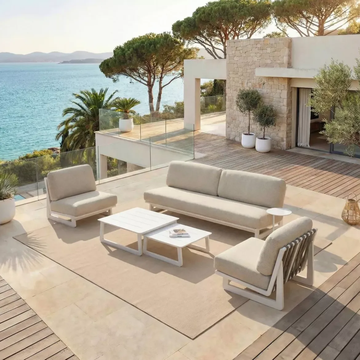 Set da giardino in alluminio 5 posti 5 pezzi Long Beach Bianco cenere e beige