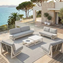 Set da giardino in alluminio 7 posti 6 pezzi Long Beach Bianco cenere e grigio chiaro