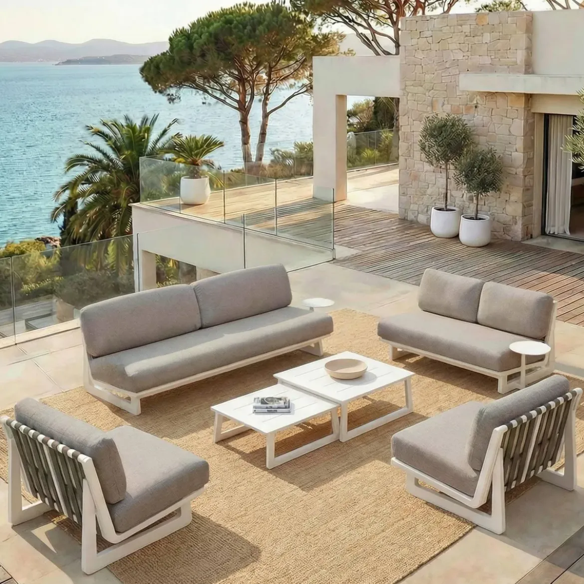 Set da giardino in alluminio 7 posti 6 pezzi Long Beach Bianco cenere e beige