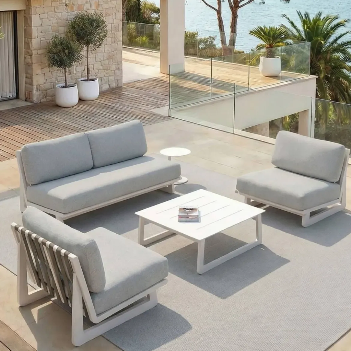 Set da giardino in alluminio 4 posti 4 pezzi Long Beach Bianco cenere e grigio chiaro