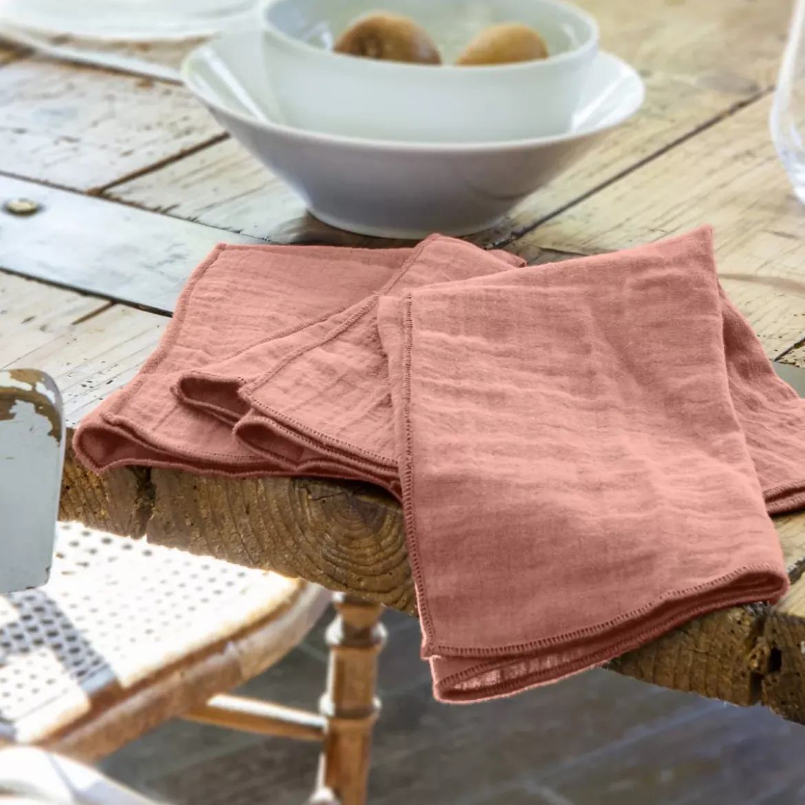 Set di 3 tovaglioli garza di cotone Gaïa Rosa pesca