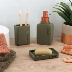 Set bicchiere distributore e porta sapone in poliresina incisa Sia Verde oliva