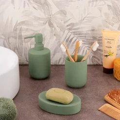 Set bicchiere distributore e porta sapone in grès Timeless Verde cachi
