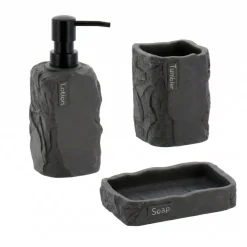 Set bicchiere distributore e porta sapone in poliresina effetto pietra Paola Nero