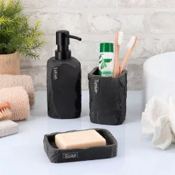 Set bicchiere distributore e porta sapone in poliresina effetto pietra Paola Nero