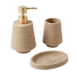 Set bicchiere distributore e porta sapone in poliresina effetto sabbia Lina Beige