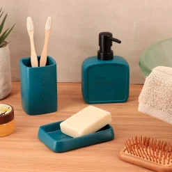 Set bicchiere distributore e porta sapone in resina poliestere incisa Julia Blu ottanio