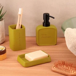Set bicchiere distributore e porta sapone in poliresina incisa Julia Verde oliva