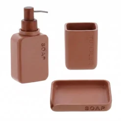 Set bicchiere distributore e porta sapone in poliresina incisa Sia Marrone mocha