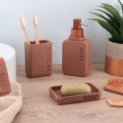Set bicchiere distributore e porta sapone in poliresina incisa Sia Marrone mocha