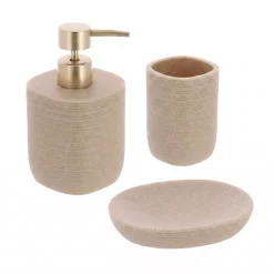 Set bicchiere distributore e porta sapone in poliresina rigata Lina Beige