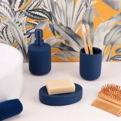 Set bicchiere, portasapone e dispenser in grès Timeless Blu navy