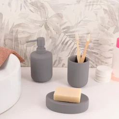 Set bicchiere portasapone e distributore in grès Timeless Grigio