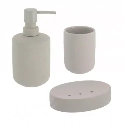 Set bicchiere, portasapone e distributore di sapone in grès Timeless Grigio Chiaro