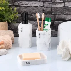 Set bicchiere, portasapone e distributore di sapone in poliresina effetto marmo Paola Grigio