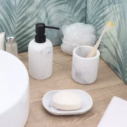 Set bicchiere, portasapone e distributore di sapone in poliresina effetto marmo Séma Bianco