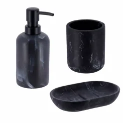 Set bicchiere, portasapone e distributore in poliresina effetto marmo Séma Nero