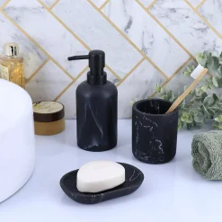 Set bicchiere, portasapone e distributore in poliresina effetto marmo Séma Nero