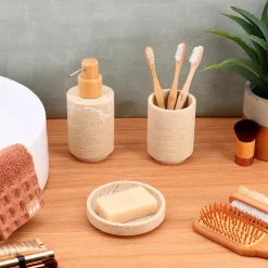 Set bicchiere, portasapone e distributore in poliresina effetto travertino Lina Beige
