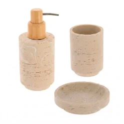 Set bicchiere, portasapone e distributore in poliresina effetto travertino Lina Beige