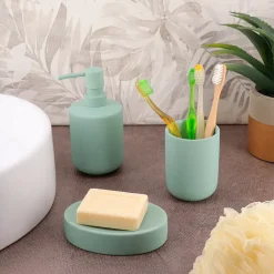 Set bicchiere, portasapone e distributore di sapone in grès Timeless Verde eucalipto