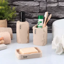 Set bicchiere portaspazzolino e distributore in poliresina effetto pietra Paola Beige