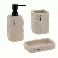 Set bicchiere portaspazzolino e distributore in poliresina effetto pietra Paola Beige