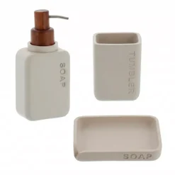 Set bicchiere portaspazzolino e distributore in poliresina incisa Sia Beige