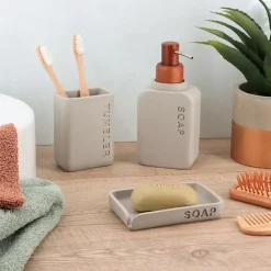 Set bicchiere portaspazzolino e distributore in poliresina incisa Sia Beige
