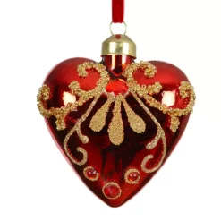 Set di 2 addobbi natalizi da appendere in vetro (H8 cm) Cuori preziosi Rosso con glitter oro