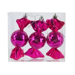 Set di 3 Decorazioni Natalizie da appendere in Schiuma (H12 cm) Caramelle Disco Rosa Fucsia