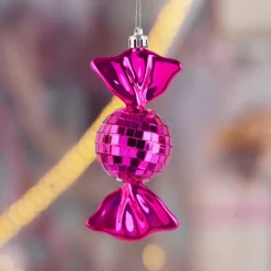 Set di 3 Decorazioni Natalizie da appendere in Schiuma (H12 cm) Caramelle Disco Rosa Fucsia