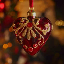 Set di 2 decorazioni natalizie in vetro (H8 cm) Cuori preziosi Bordeaux con glitter oro