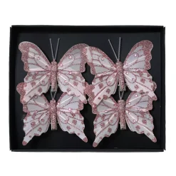 Set di 4 farfalle su pinza (H8 cm) in mini perline e rosso cipria