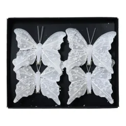 Set di 4 Farfalle su pinza (H8 cm) Scintillii e perle Bianco d'inverno