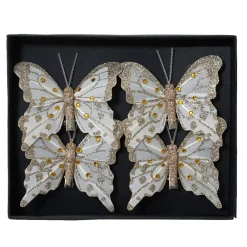 Set di 4 Farfalle su pinza (H8 cm) Scintillii e perle dorate