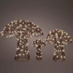 Set di 3 funghi luminosi 260 Micro LED (H45 cm) Resina intrecciata Marrone/Bianco caldo