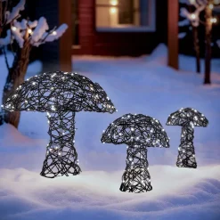 Set di 3 funghi luminosi 260 Micro LED (H45 cm) Resina intrecciata Marrone/Bianco caldo