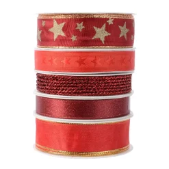 Set di 5 nastri di Natale 3 m - Raso e stelle Rosso