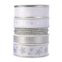 Set di 5 nastri di Natale 3 m - Raso e stelle Argento