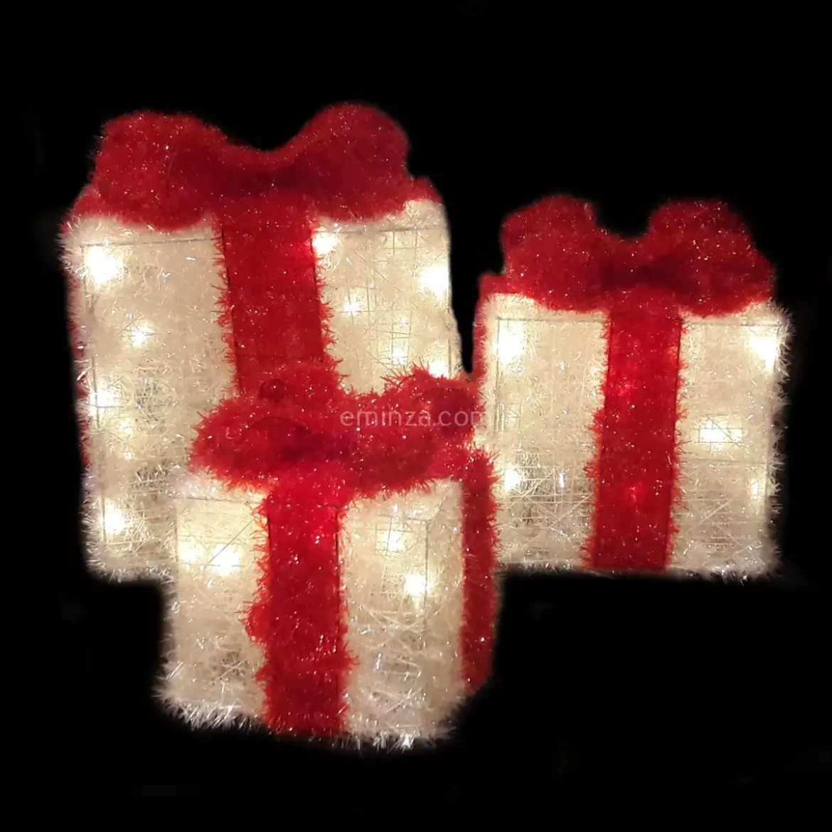 Set di 3 pacchi regalo nastro rosso a pile con luci Bianco caldo 65 LED