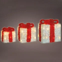 Set di 3 pacchi regalo nastro rosso a pile con luci Bianco caldo 65 LED