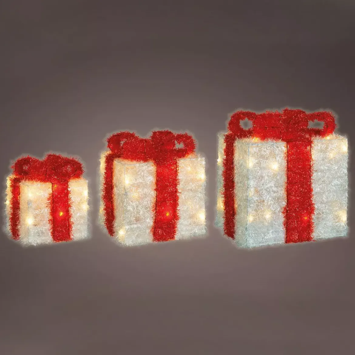 Set di 3 pacchi regalo nastro rosso a pile con luci Bianco caldo 65 LED