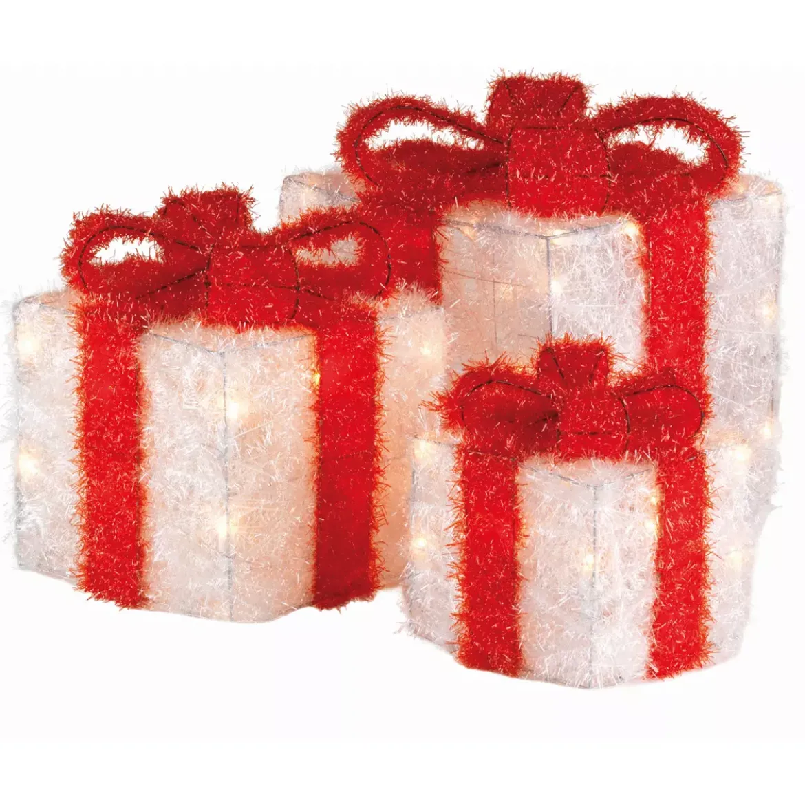 Set di 3 pacchi regalo nastro rosso a pile con luci Bianco caldo 65 LED