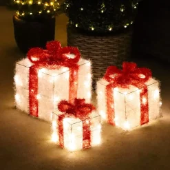 Set di 3 pacchi regalo nastro rosso a pile con luci Bianco caldo 65 LED
