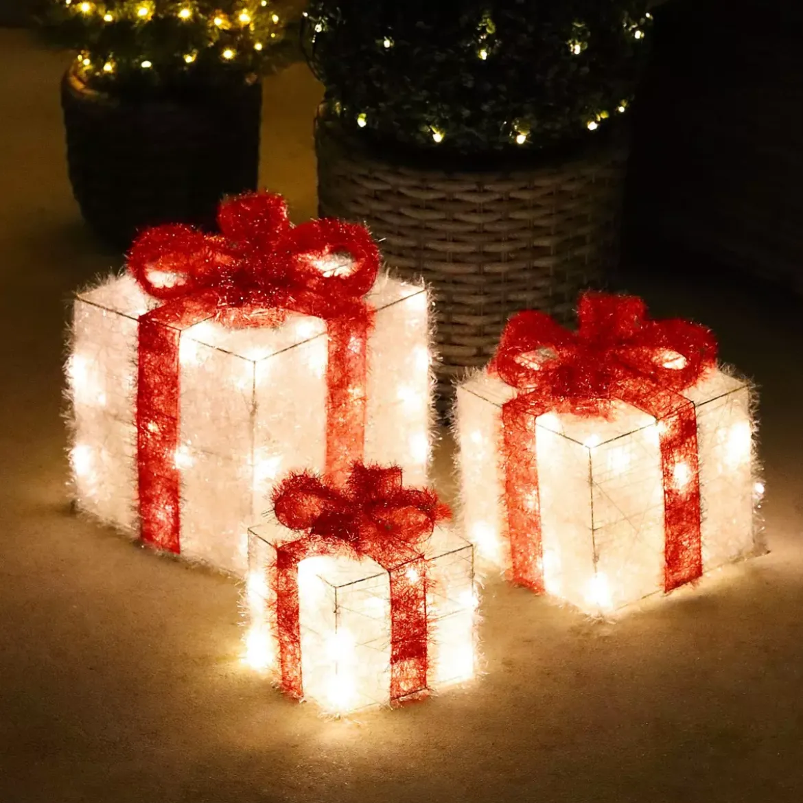 Set di 3 pacchi regalo nastro rosso a pile con luci Bianco caldo 65 LED