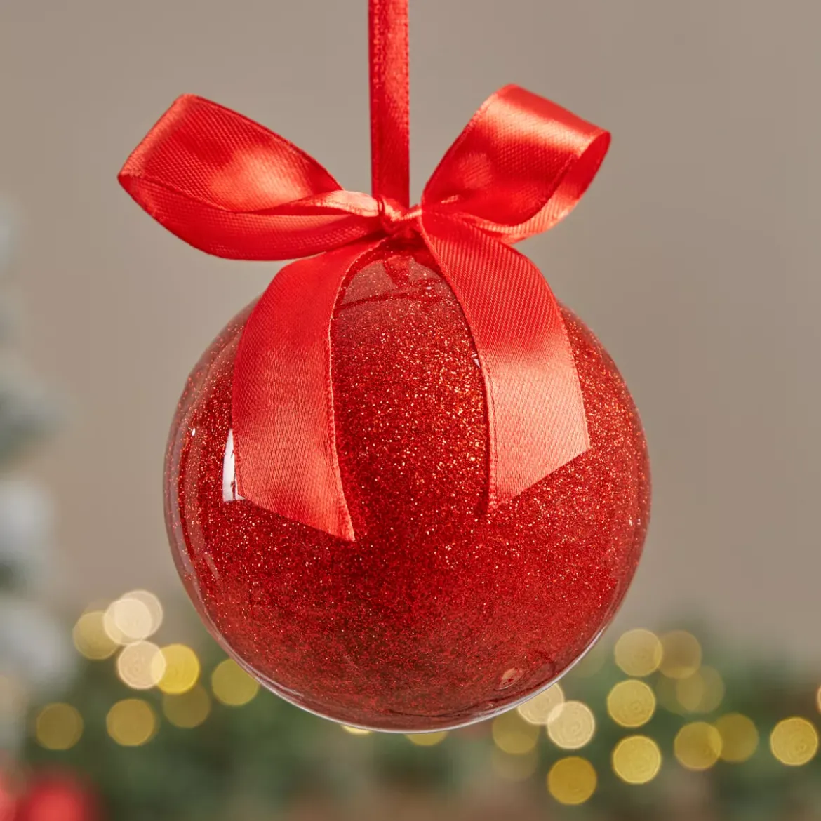 Set di 14 Palline di natale (D150 mm) Glitterate e con Fiocco Rosso