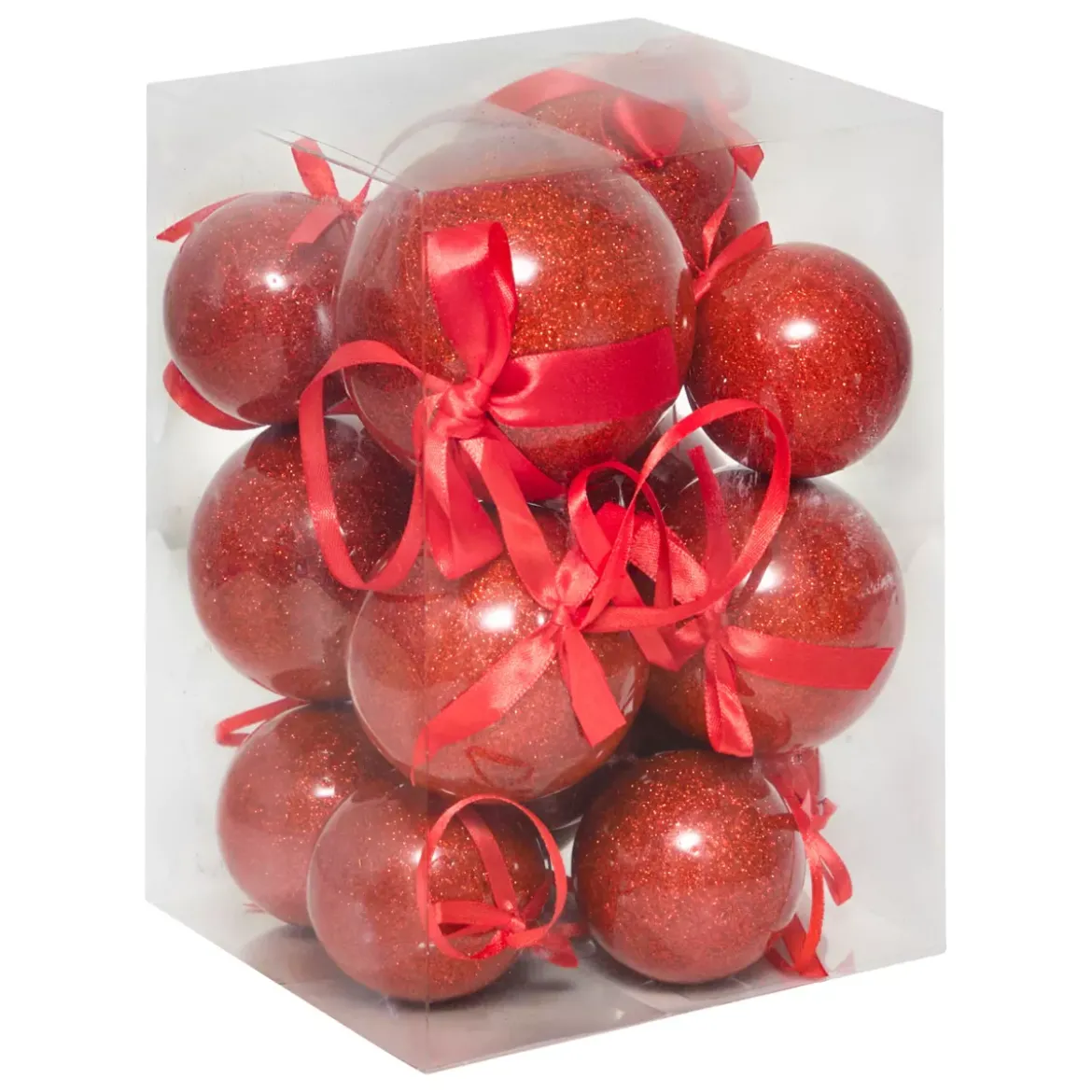 Set di 14 Palline di natale (D150 mm) Glitterate e con Fiocco Rosso